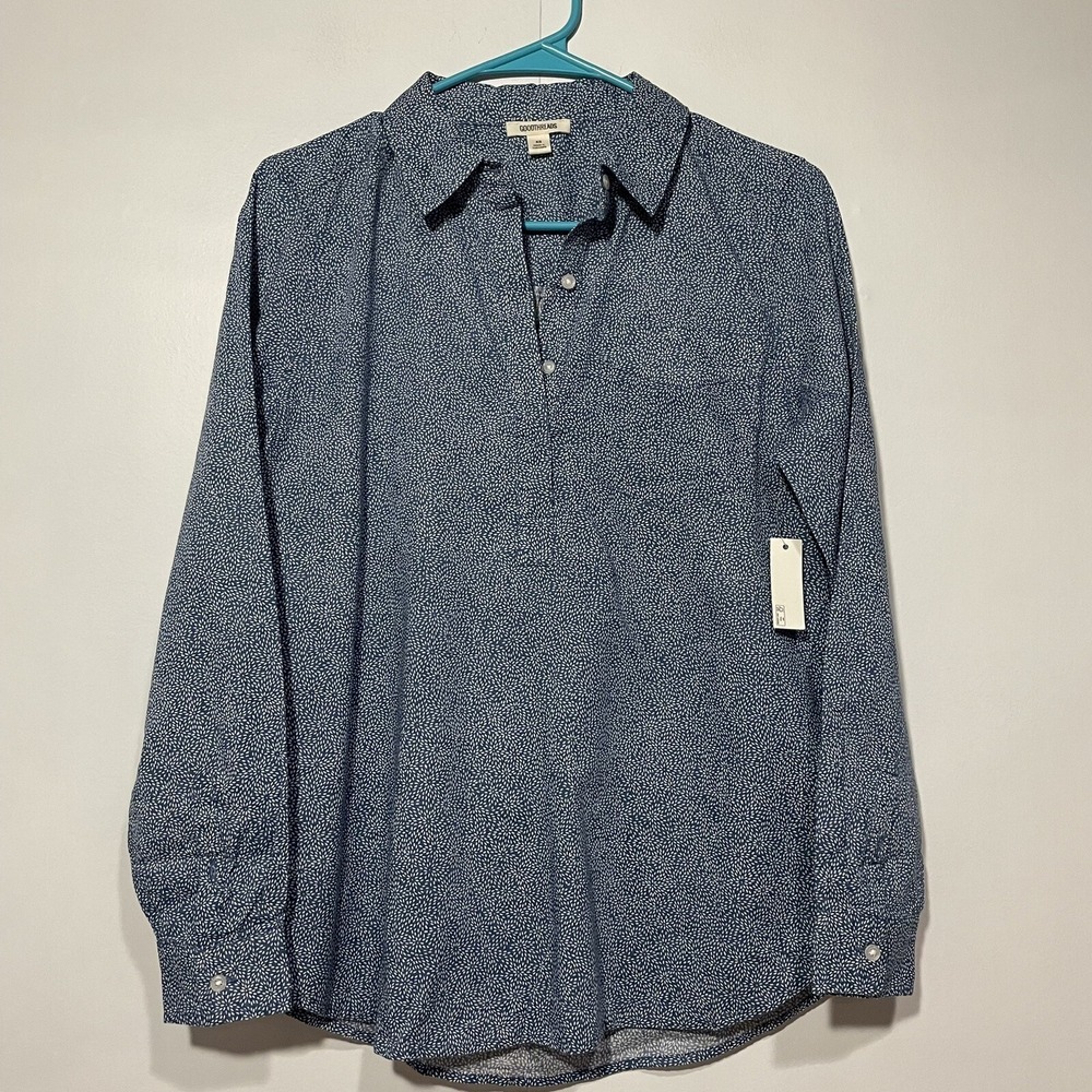 Blue White‎ Floral Half button Up Shirt Womens XS Work Career Business Academia